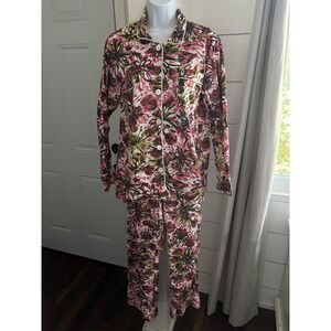 Trina Turk Pajama Set Womens Large Pink Green Floral Print Cotton‎ Sleepwear
